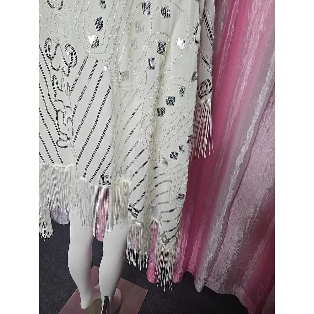 Anna Kaci Exquisite White Sequin Fringe Statement Shawl Wrap One Size
